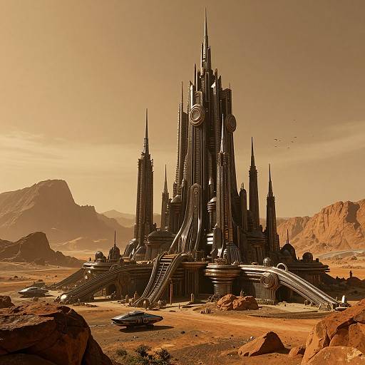 Photorealistic CGI of a futuristic, black, towering castle with multiple spires, ramps, and circular structures in a desert landscape at sunset.
