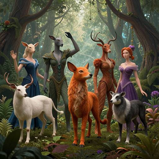 Digital fantasy artwork of six anthropomorphic creatures and fairy-like women in a lush forest, wearing elegant dresses, with antlers and fur.