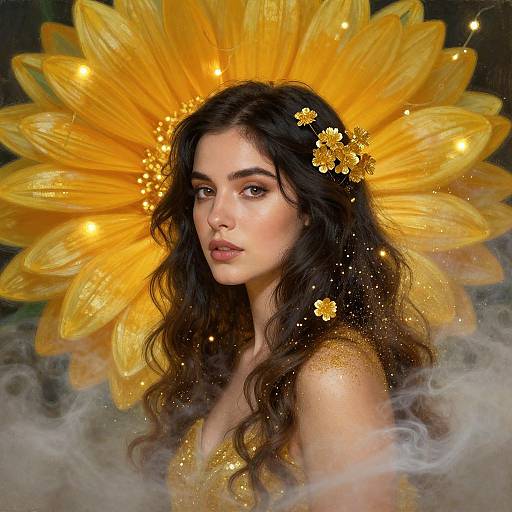 Digital artwork of a beautiful woman with long, wavy black hair, wearing a golden flower headpiece, surrounded by a large yellow sunflower and sparkling