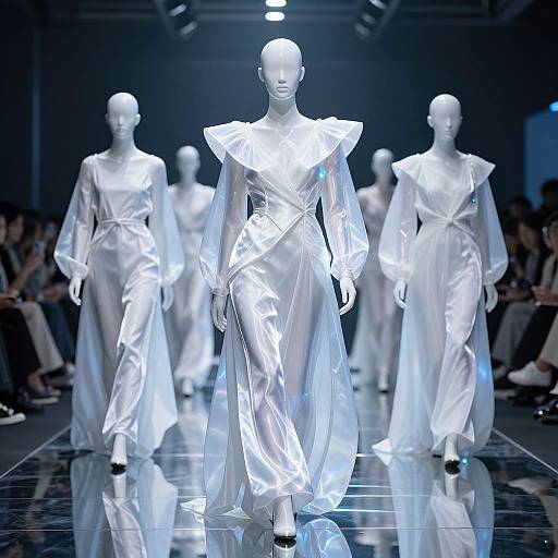 Photograph of a futuristic fashion runway featuring five headless, glowing white mannequins in flowing, illuminated white dresses, walking on a reflective black