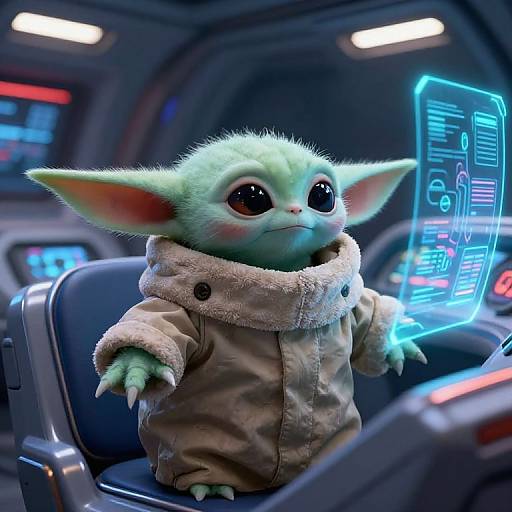 CGI image of a cute, green, big-eyed, furry creature with large ears, wearing a beige fur-trimmed coat, sitting in a