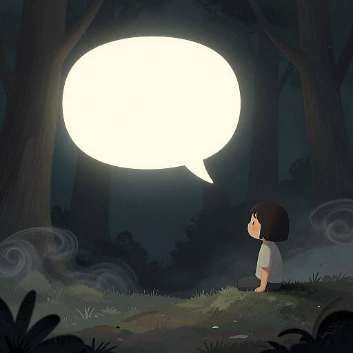 Digital anime-style drawing of a young girl with short black hair, sitting in a dark forest, looking at a large, glowing white speech bubble.