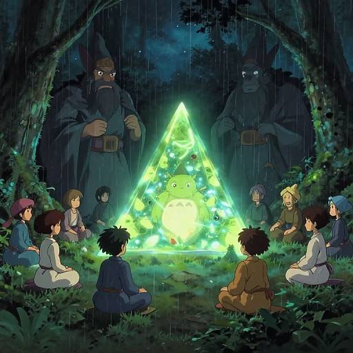 Anime-style digital artwork of a group sitting around a glowing, triangular, green-lit creature in a rainforest, surrounded by two giant, shadowy