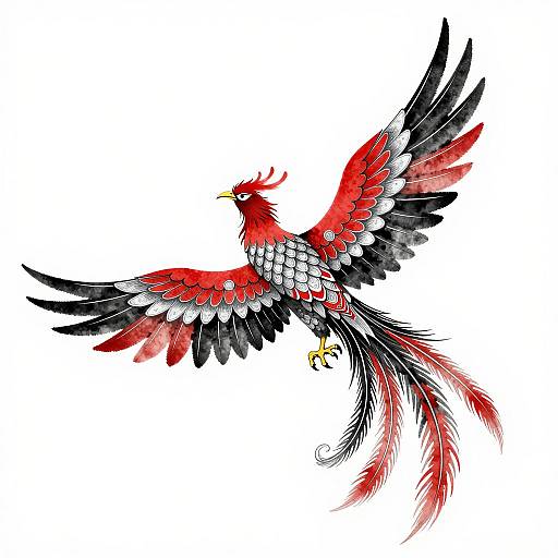 Traditional Japanese Ink Wash Phoenix Illustration