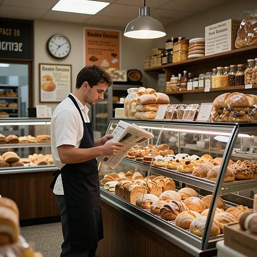 Baker Reading Newspaper in Bakery