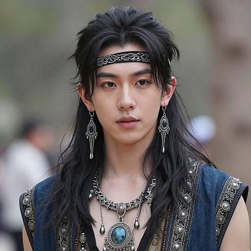 Photograph of an Asian man with long black hair, wearing a detailed black headband, jewelry, and a dark, embroidered sleeveless top, standing