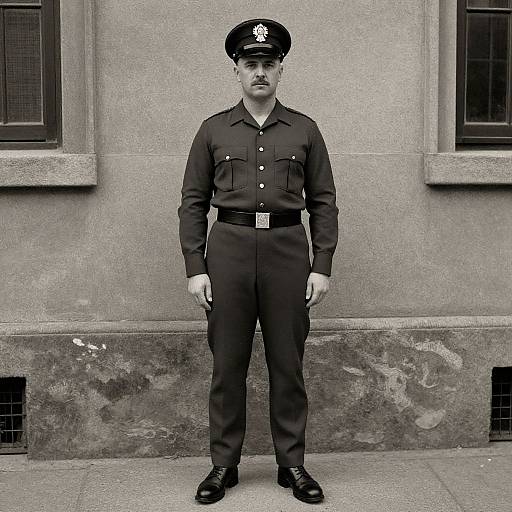 Black-and-white photograph of a stern-looking male police officer standing in front of a textured stone wall, wearing a uniform with a peaked cap and badge.