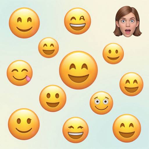 Digital image of 11 yellow smiley faces with various expressions, including wink, closed eyes, and tongue out, alongside a surprised brown-haired woman's