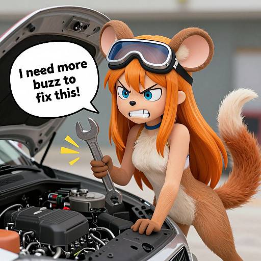 Digital illustration of an angry, anthropomorphic orange-furred mouse girl with goggles, holding a wrench, fixing a car's engine, speech bubble: 