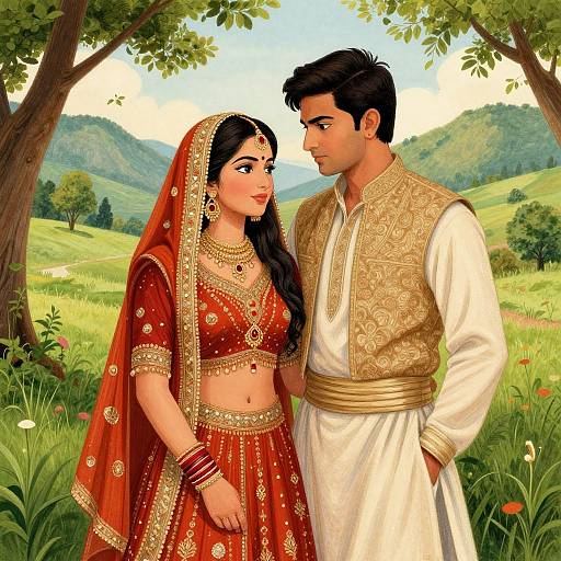 Digital illustration of an Indian couple in traditional attire, standing in a lush, green, mountainous landscape. The woman wears a red lehenga and veil