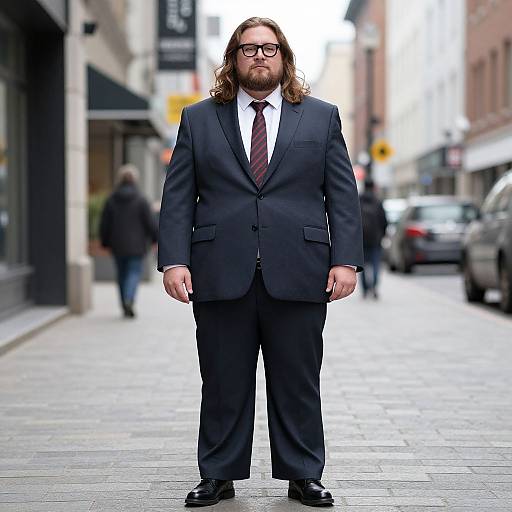Photograph of a bearded man with long brown hair, wearing black suit, white shirt, red tie, and black glasses, standing on a cob