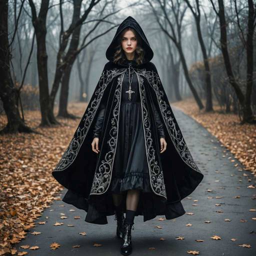 Woman in Black Velvet Cloak with Silver Embroidery