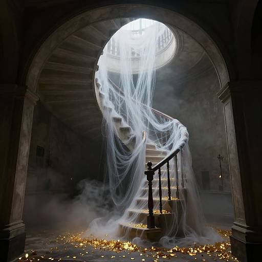 Mystical Spiraling Staircase with Mist
