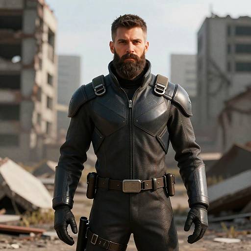 Bearded Man in Ruined Cityscape