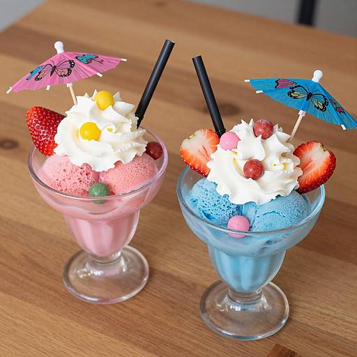 Colorful Ice Cream Sundaes on Wooden Table