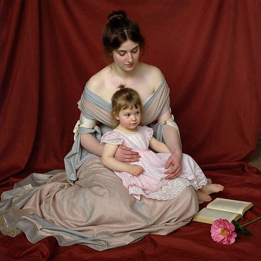 Photograph of a fair-skinned woman with brown hair in an off-shoulder, light blue dress, holding a young girl in a pink dress