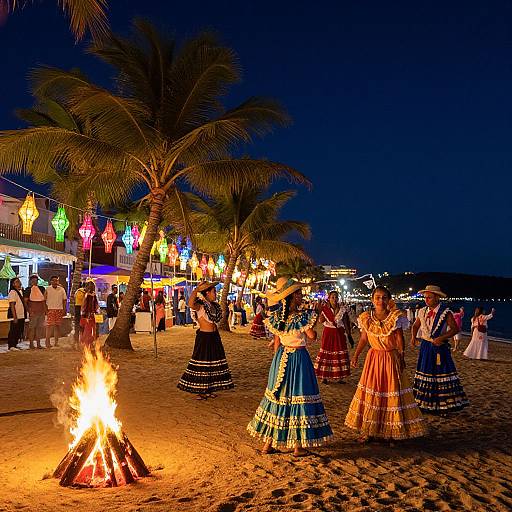 Photograph of a nighttime beach festival with brightly dressed women in traditional Spanish gowns dancing around a bonfire, palm trees, colorful lanterns, and