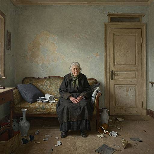 Resilient Elderly Woman in Ruined Room