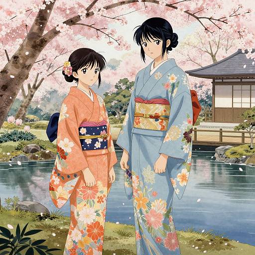 Digital anime-style illustration of two Japanese women in floral kimonos, standing under cherry blossoms by a pond, with a traditional house in the background