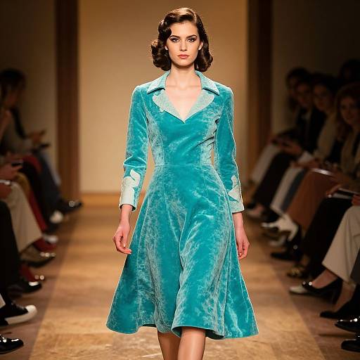 Photograph of a confident woman with dark, wavy hair modeling a vibrant turquoise velvet dress with a white collar on a dimly lit runway. Audience