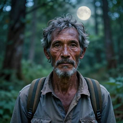 Photograph of an older, weathered man with gray, curly hair and beard, wearing a brown shirt and backpack, standing in a moonlit,
