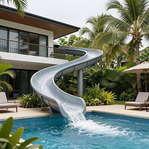 Photograph of a modern pool with a silver, winding water slide, surrounded by lush palm trees and a two-story house with large windows. Clear blue