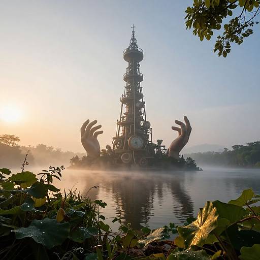 Photograph of a misty sunrise over a lake, featuring a tall, tower-like structure with large, raised hands in the foreground.