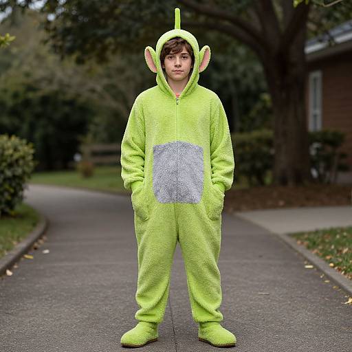 Photograph of a young boy in a bright green, fuzzy, alien costume with ears and a green antenna, standing on a suburban street.