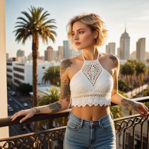 Blonde Woman on Balcony with City Skyline