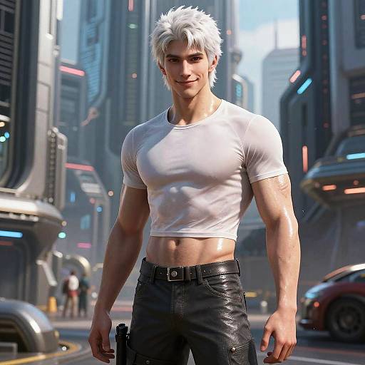 CGI image of a muscular, white-haired man in a tight white t-shirt and black leather pants, standing in a futuristic, neon-lit city