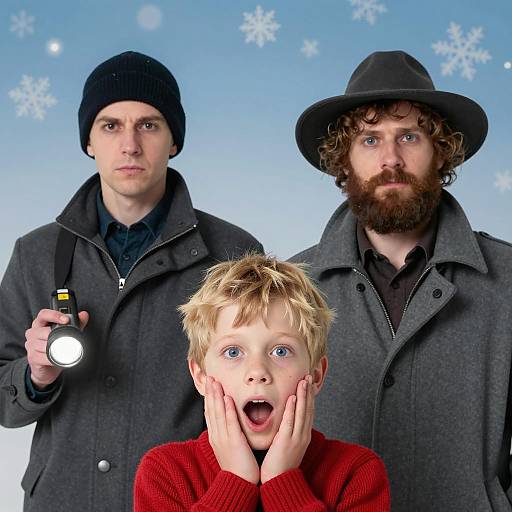 Winter Portrait of Men and Surprised Boy