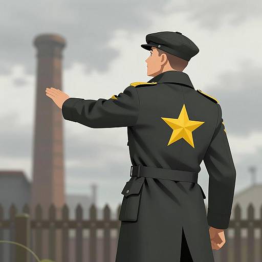 Man in Military Coat Under Cloudy Sky