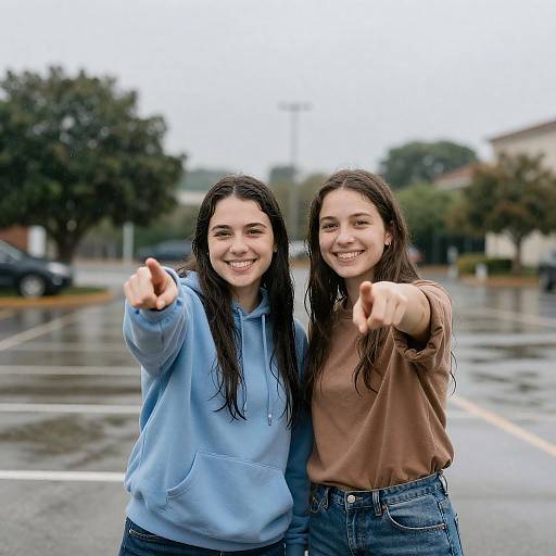 Cheerful Women in Rainy Parking Lot