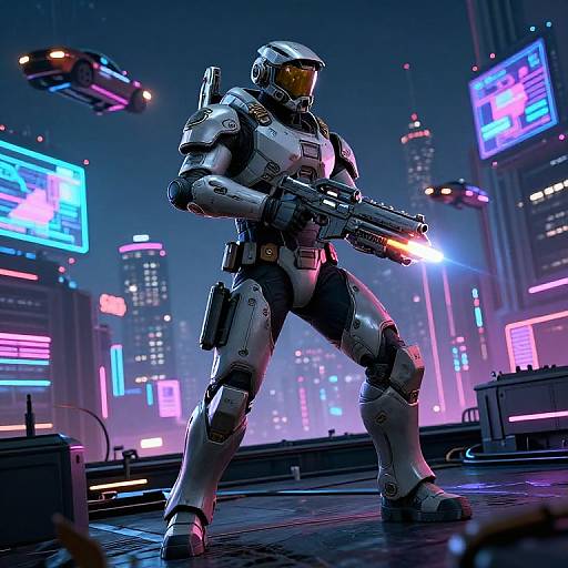 CGI image of a futuristic, white-armored soldier with a glowing rifle standing in a neon-lit, cyberpunk cityscape at night.