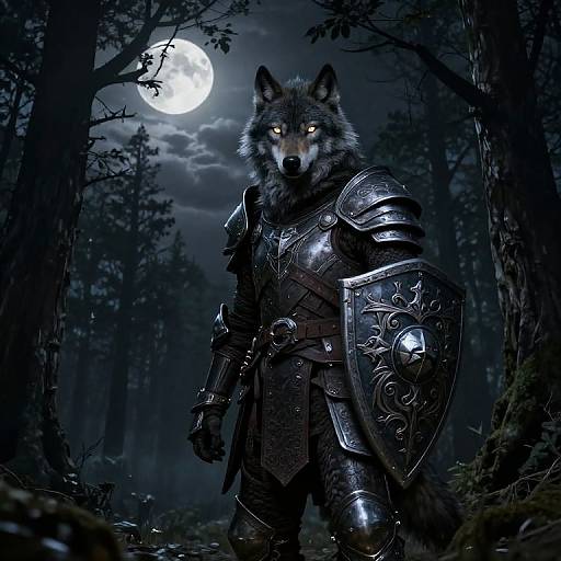 Digital artwork of a fierce wolf warrior in detailed medieval armor, standing under a full moon in a dark, misty forest.