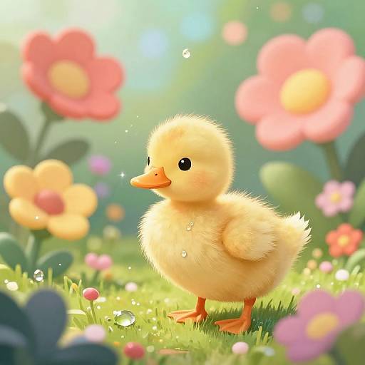 Adorable, fluffy yellow chick with big black eyes stands in a colorful, sunlit garden filled with blooming pink and yellow flowers. Digital illustration with