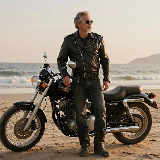 Stylish Retired Biker at Sunset Beach