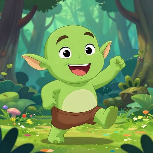 Cartoon green goblin with large ears, smiling, wearing brown shorts, running joyfully in a vibrant, colorful forest. Digital art style.