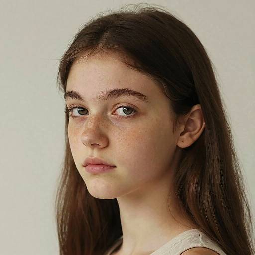 Photograph of a young, fair-skinned girl with long, dark brown hair, light green eyes, and freckles, wearing a white top