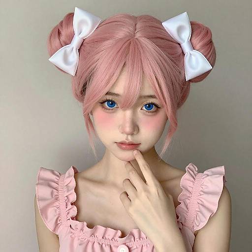 Young Woman with Pink Wig and Bows