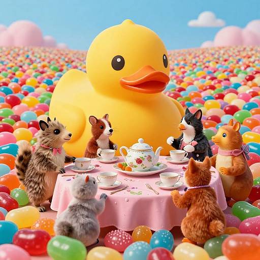 Photograph of six colorful, plush teddy bears and a giant yellow rubber duck having tea on a pink tablecloth in a vibrant, balloon-filled field