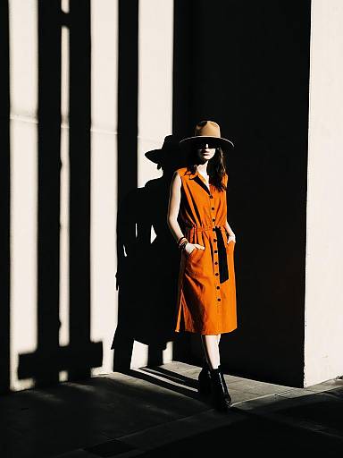 Woman in Orange Sleeveless Dress and Taupe Hat