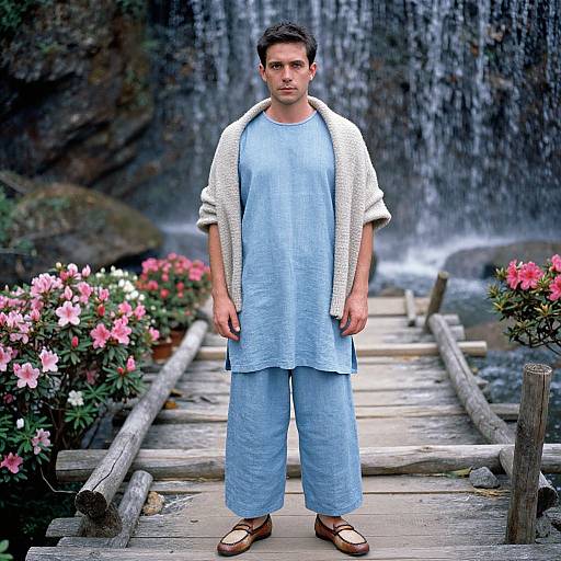 Photograph of a serious-looking man in a light blue tunic, loose pants, and brown sandals, standing on a wooden bridge with waterfall and blo