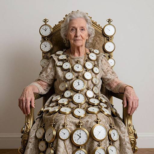 Photograph of elderly white woman with white hair, wearing ornate clock-covered dress and chair, sitting against white wall, expression calm.