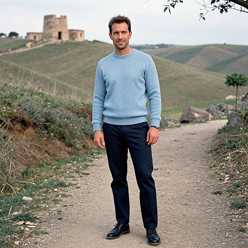 Photograph of a smiling man with short dark hair, wearing a light blue sweater, black pants, and black shoes, standing on a gravel path with