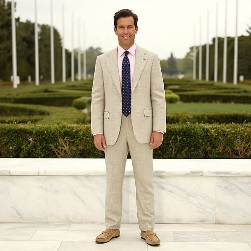 Photograph of a smiling, dark-haired man in a beige suit, white shirt, blue polka-dot tie, and brown loafers, standing in