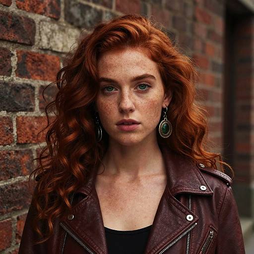 Photograph of a red-haired woman with freckles, wearing a dark leather jacket and large circular earrings, standing against a brick wall.