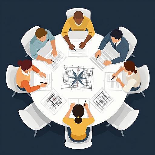 Digital illustration of six diverse individuals, seated around a white table, working on a detailed blueprint, viewed from above.