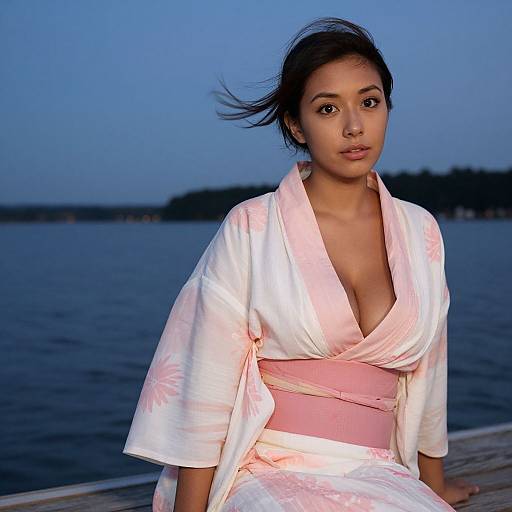 Photograph of an Asian woman with medium brown skin, black hair, and brown eyes, wearing a white kimono with pink sash, sitting by