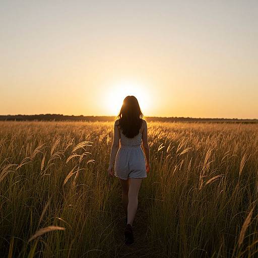 Photograph of a woman with long dark hair, wearing a white dress, walking away through a golden wheat field at sunset.